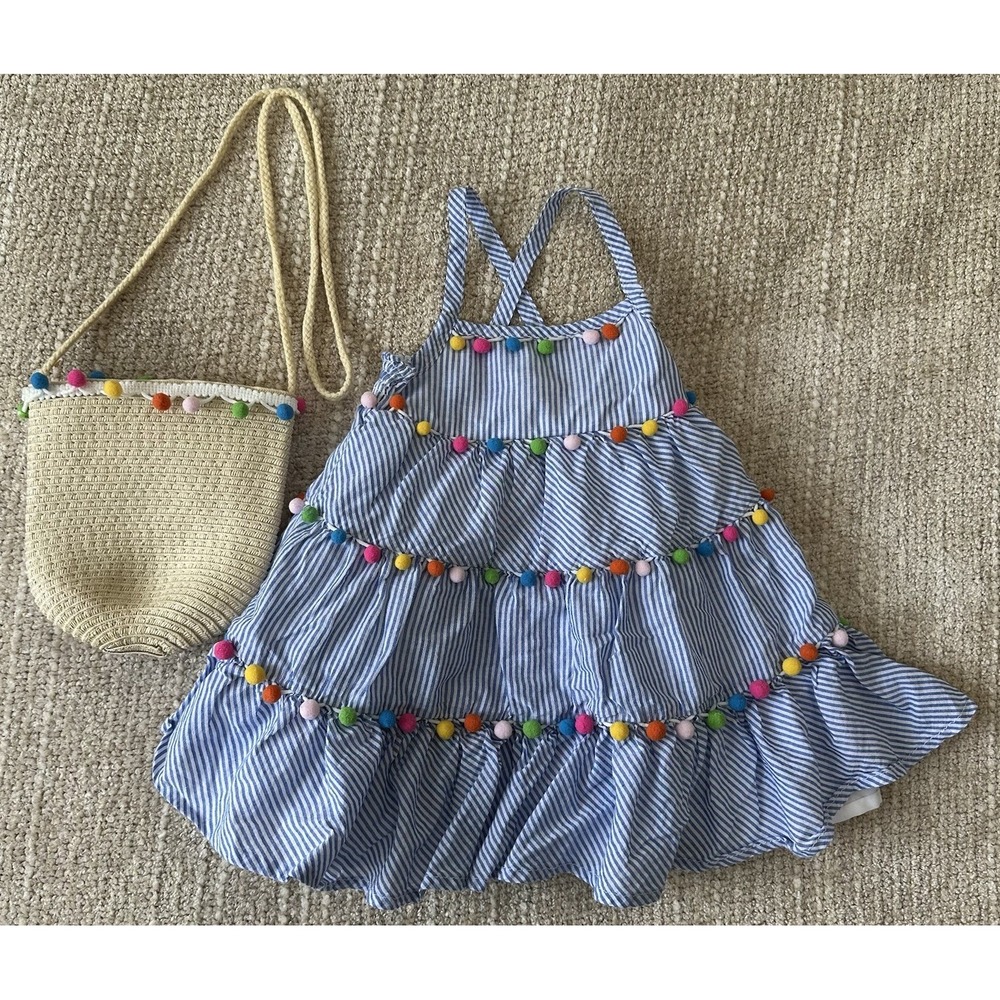 Tommy Bahama Size 12 Months Dress Toddler Baby Girls Blue Striped Pom Pom Cotton